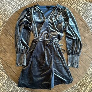 BARDOT Blue Velvet Wrap Midi Long Puff Sleeve Dress Size Medium